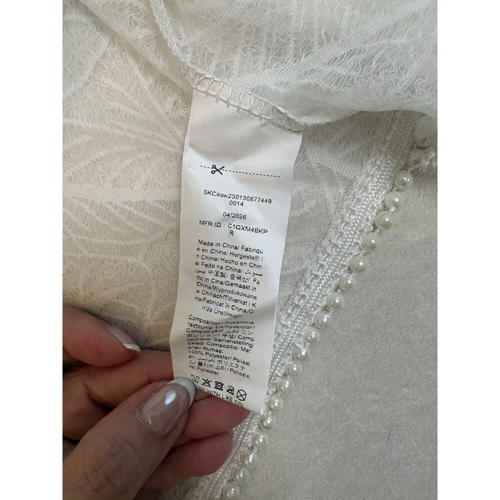 Dazy Sheer White Pearl Trim Bolero Shrug Cropped Puff Sleeve Cardigan M